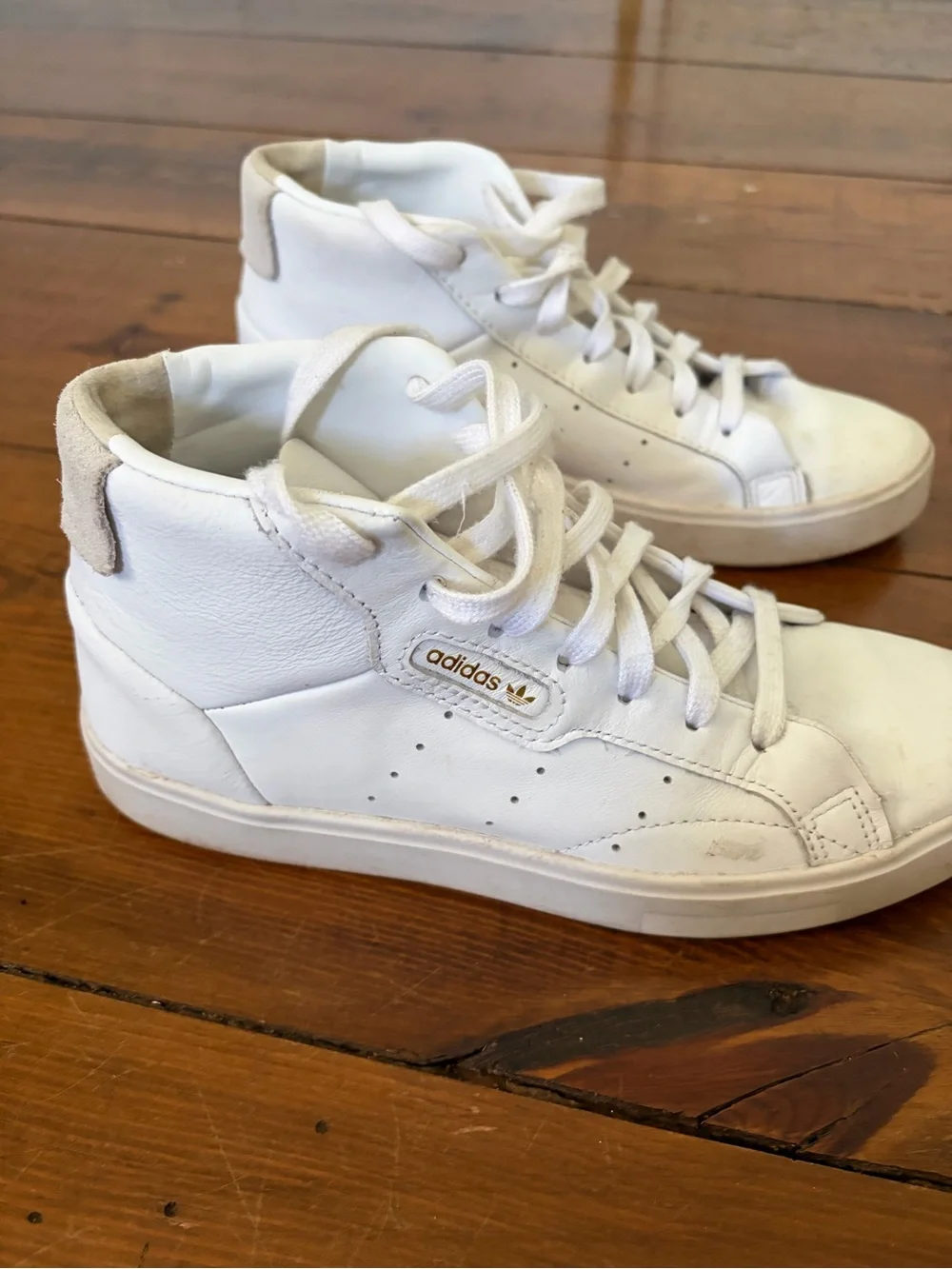 adidas White High-Top Leather Sneakers with Gold Logo